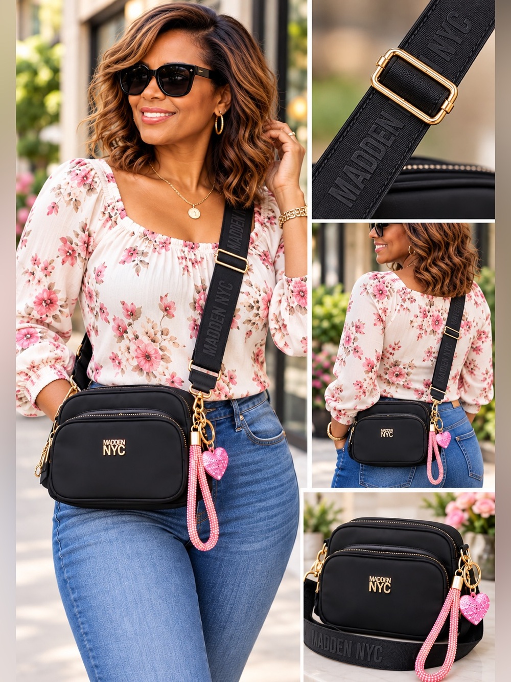 Madden NYC Black Convertible Crossbody Bag with Pink Keychain Bag charm